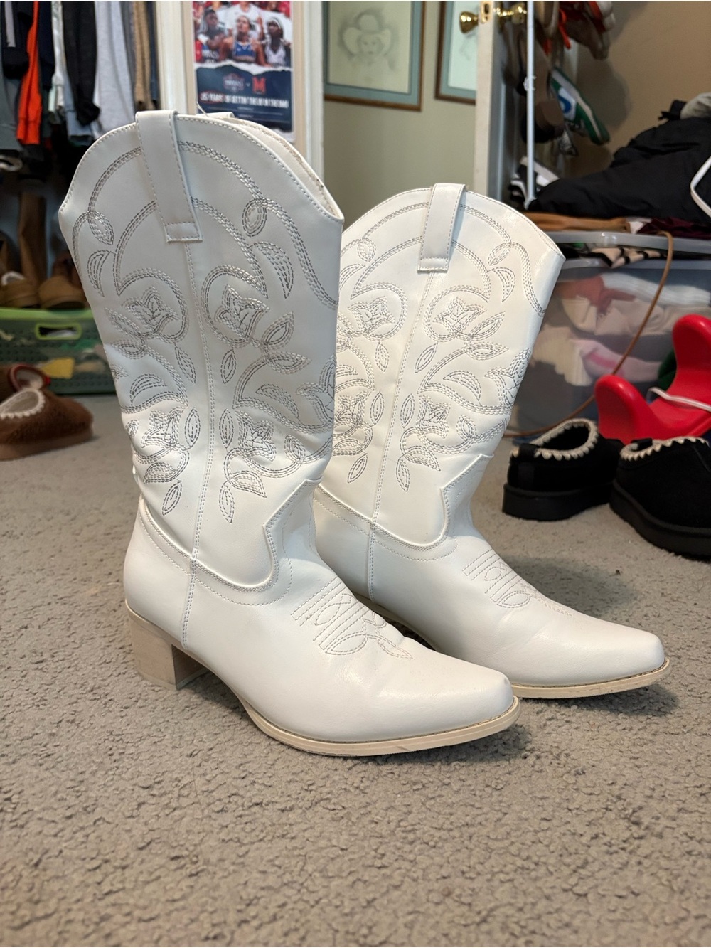 Women's White Western Embroidered Mid-Calf Boots
